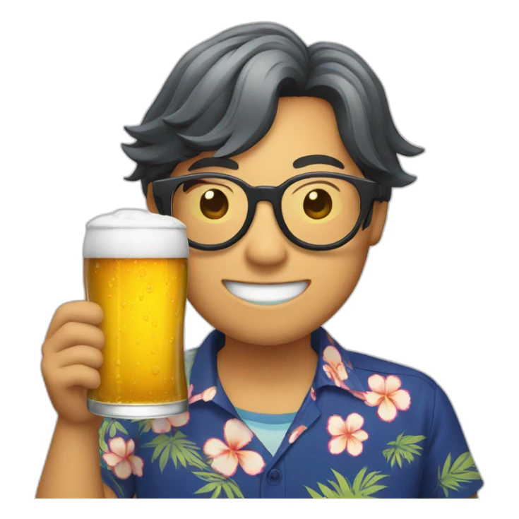 Japanese wearing glasses alohashirt is holding beer sticker