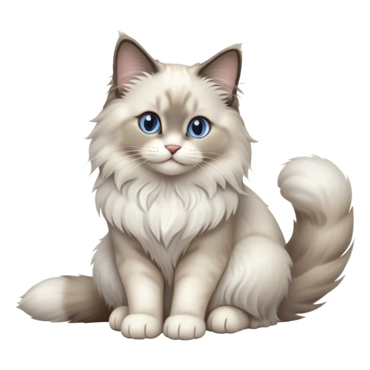 cinematic-[Ragdoll cat]-realistic-full-body-sitting-emoji,-tail-curled-playfully-around-its-paws,-head-tilted-dramatically,-fluffy-[grey ragdoll cat]-fur,-simplified-yet-realistic-focused-features,-highly-detailed,-glowing-with-an-almost-sarcastic-glow sticker