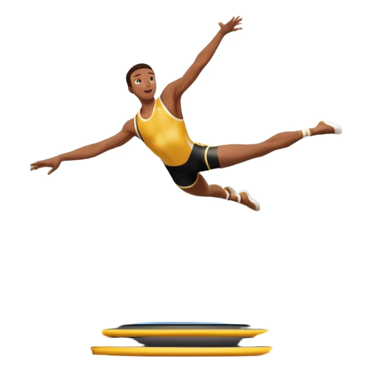 An athletic person soaring high above a trampoline, executing an acrobatic flip with perfect form. The scene captures motion and energy, with a dynamic pose, stretched limbs, and a focused expression. The background suggests a professional trampoline arena with safety padding. sticker