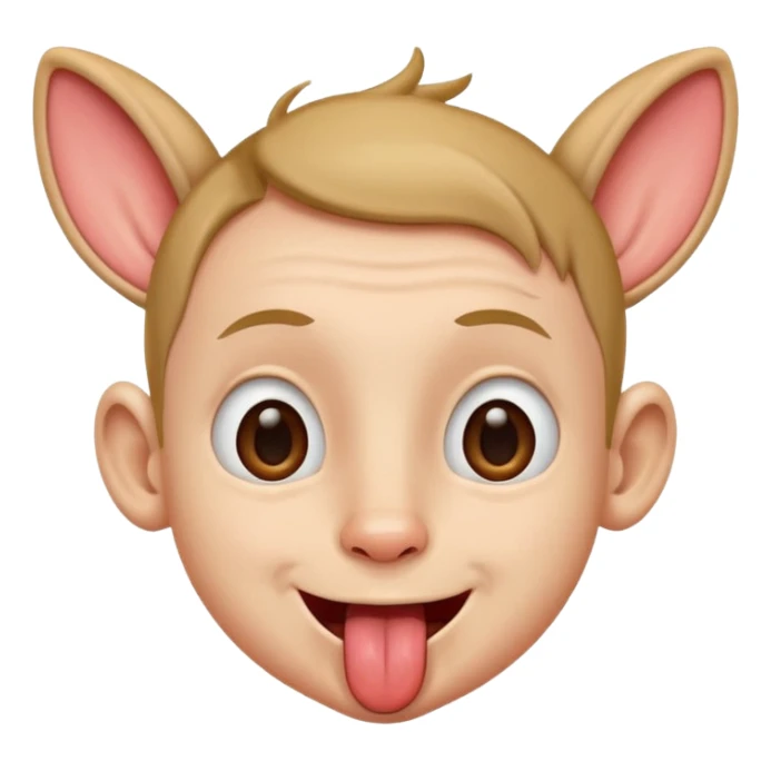 a boy with small eyes with big human ears and with his tongue out sticker