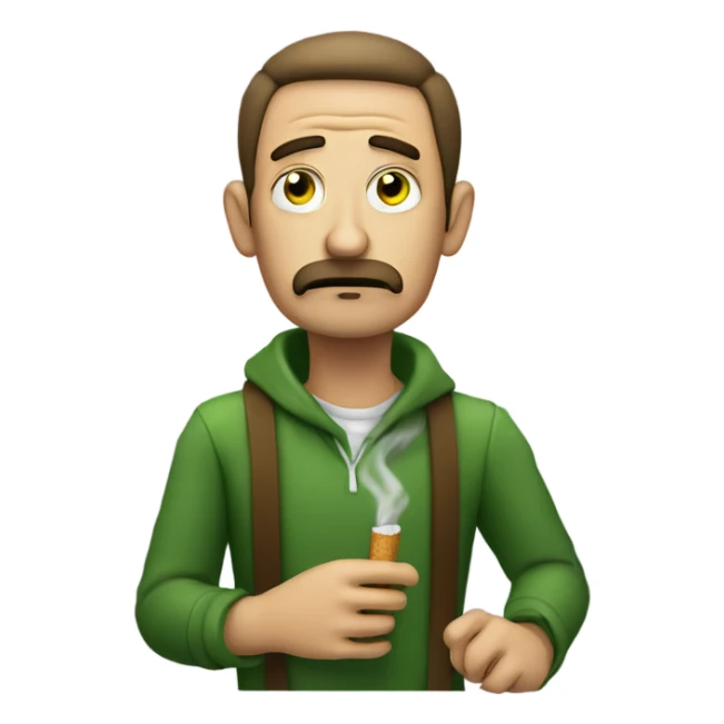 tired man smoking skinny brown cigarette with green at the end sticker