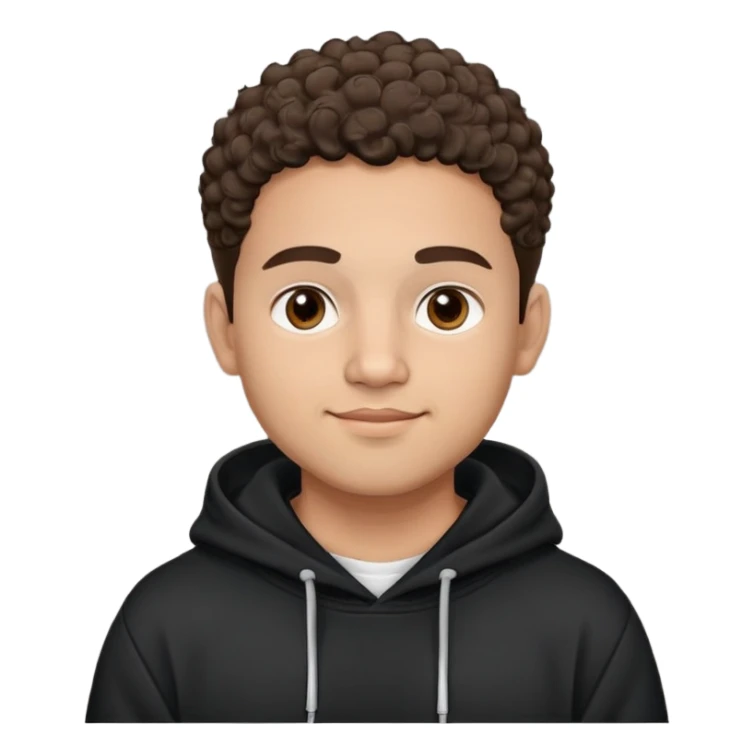 Latino man with light brown warm skin, round face, full cheeks, soft jaw, slight friendly smile, very short fade haircut, curly on top, medium eyebrows, medium eyes, straight nose, medium lips, black hoodie with white logo, practical and hardworking vibe sticker