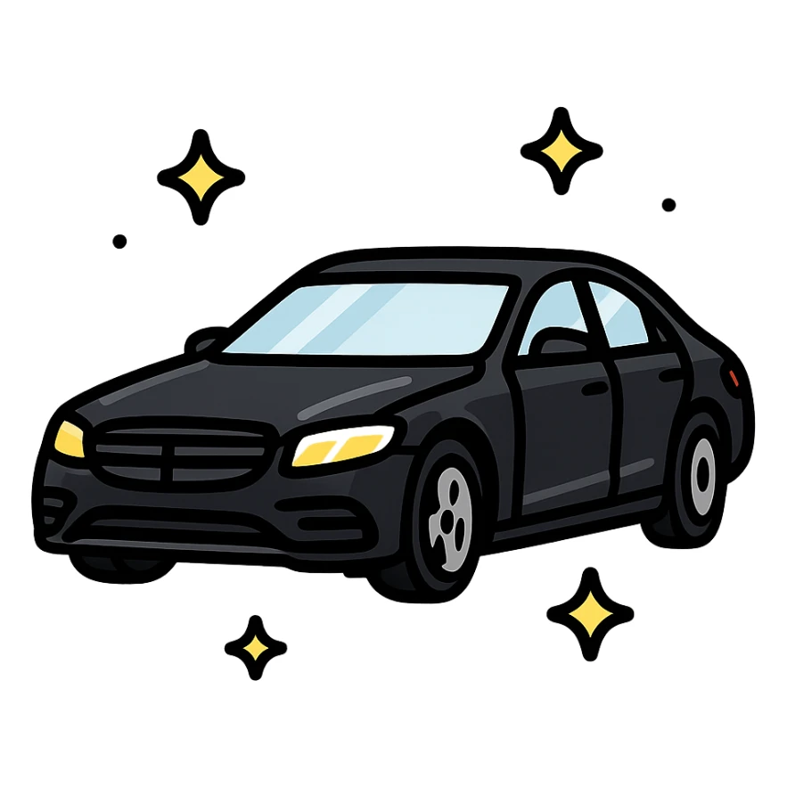 full body high-end luxury car icon, glossy black with multiple small sparkling stars and strong mirror-like reflections, impeccable perfectly clean finish, modern and clean style sticker
