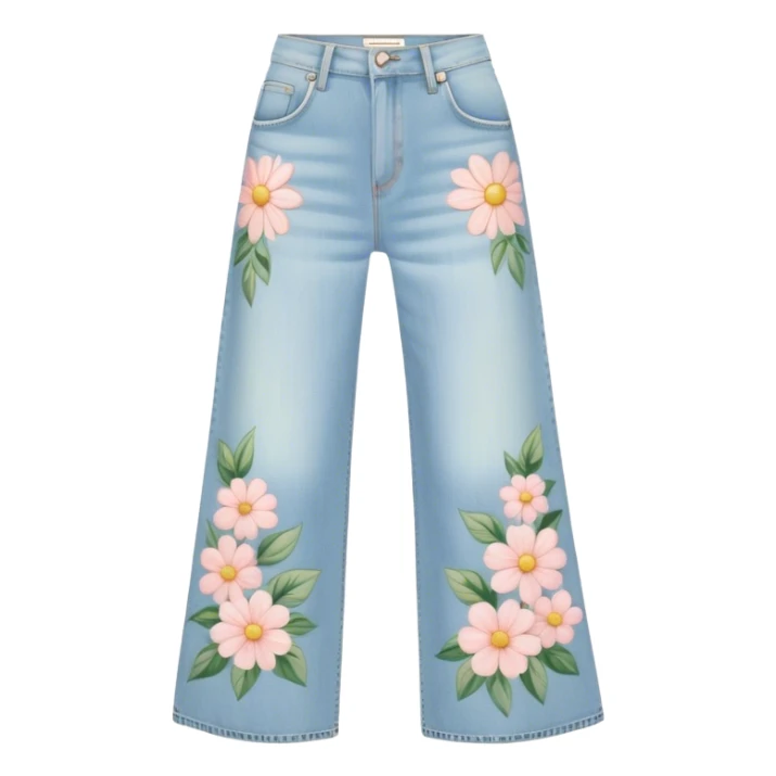light wash denim wide leg jeans with pastel flowers painted on them sticker