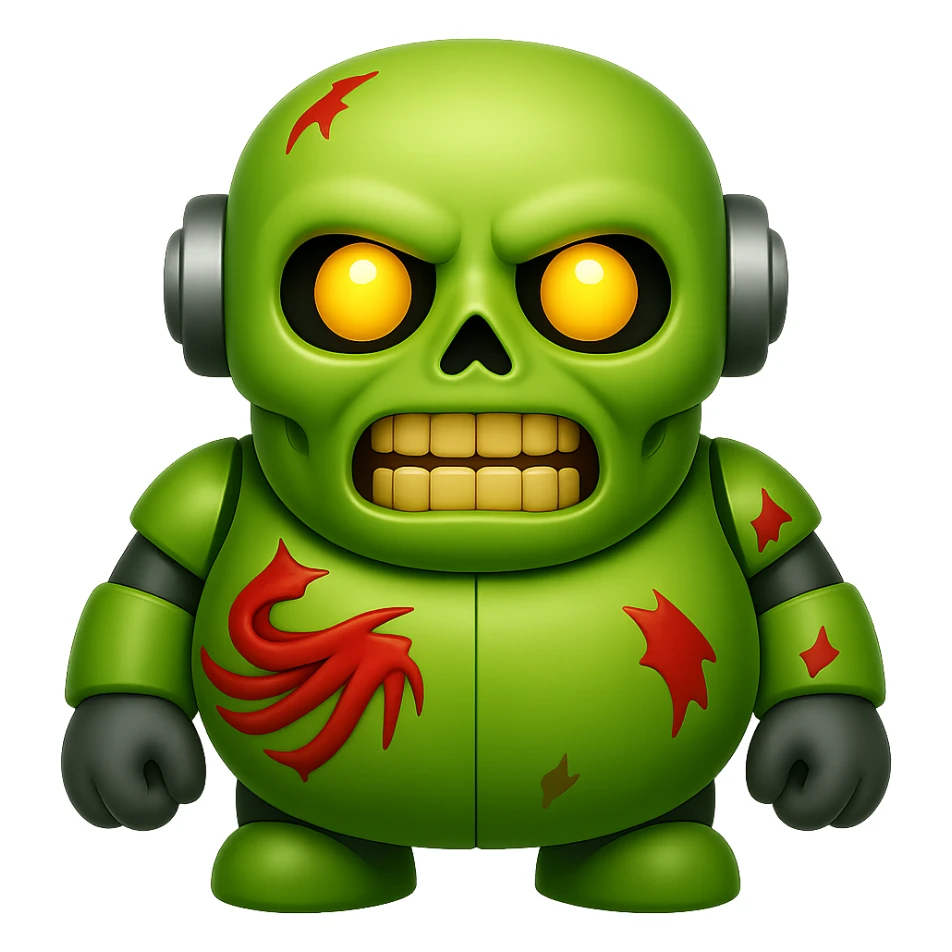 Create a head-on, straight front view of a fat zombie robot terminator character in the style of Apple emojis with a glossy, smooth finish and no background. The style should replicate the Apple emoji look precisely. sticker