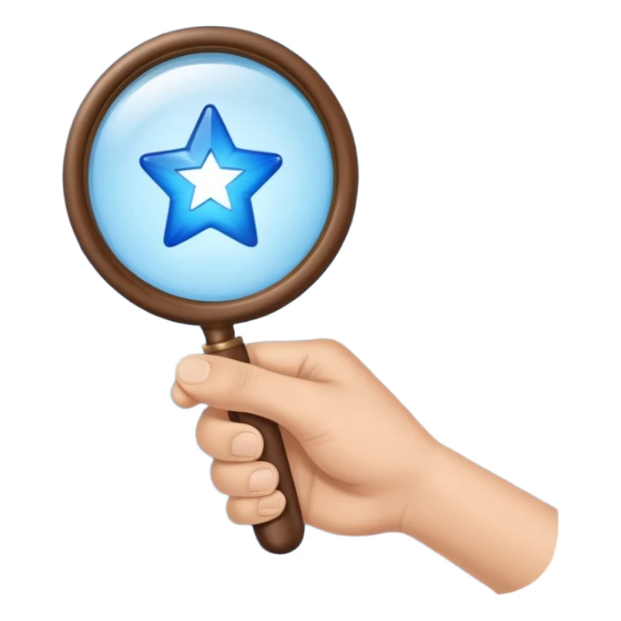 A simple blue left hand holding a magnifying glass which is showing blue stars sticker