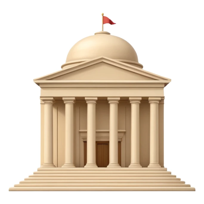 Minimal 3D emoji style government ministry building, classical architecture with columns and triangular roof, official state institution, neutral beige stone, clean shading, financial institution icon, isolated on transparent background, professional, no flags, no text sticker