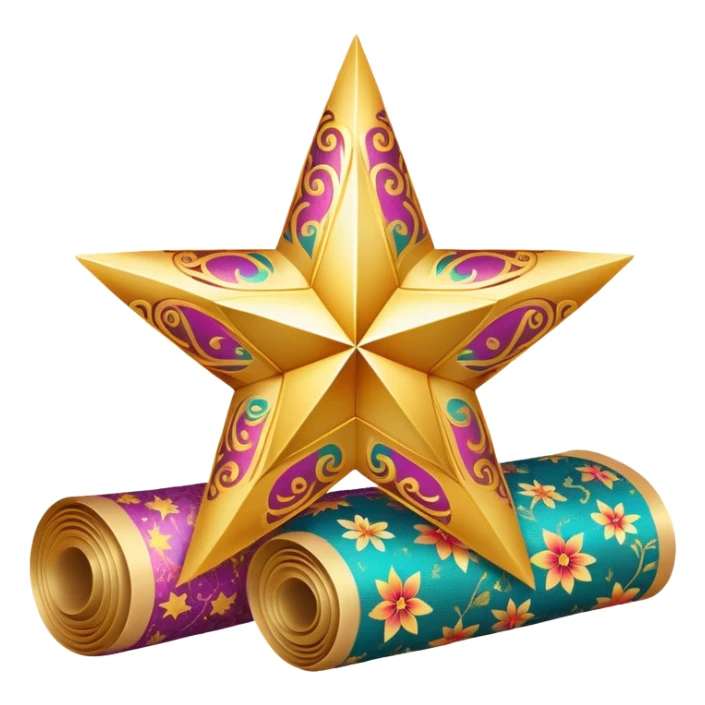 simple composition of a glowing sparkle or star shape in foreground with only a roll of patterned fabric behind it, no faces sticker