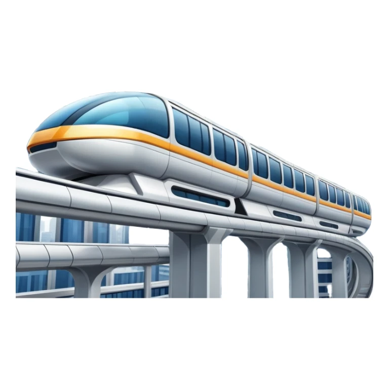 Futuristic monorail train curving above a cityscape with tall buildings sticker