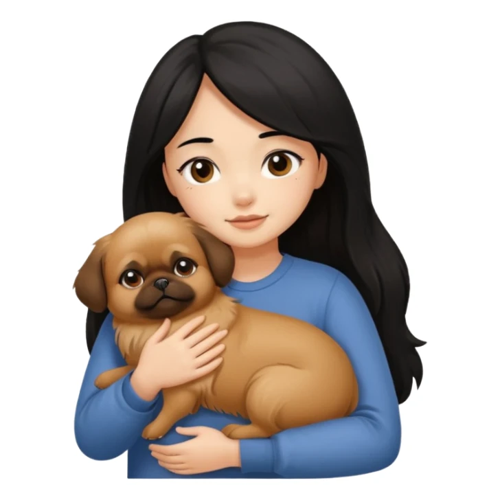 black hair girl hugging brown pegingese dog sticker