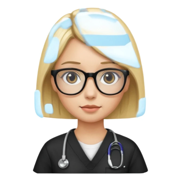 A girl in black scrubs with a blonde bob and glasses sticker