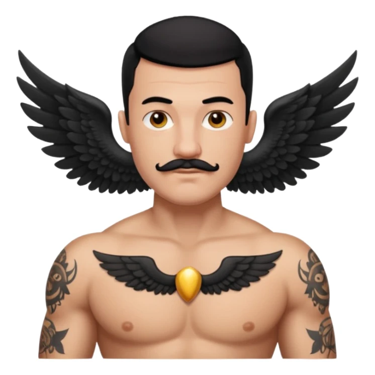 pumped up white male, buzz cut black hair, handlebar mustache black, two wings tattooed on his chest sticker