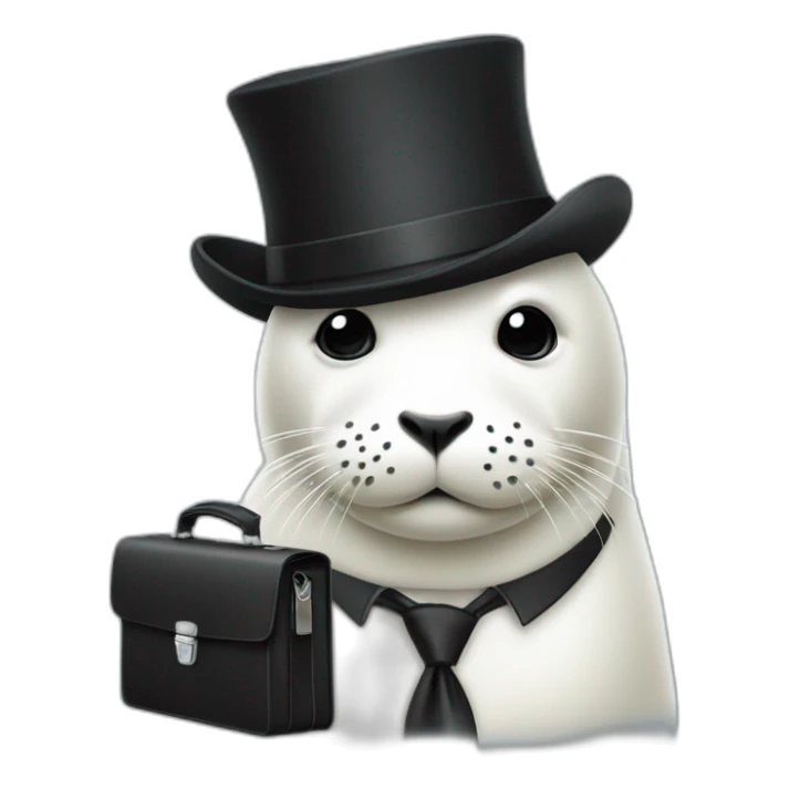 White seal in tie and small black hat and with briefcase sticker