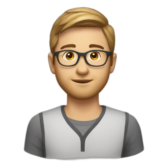 young white man with short brown straight hair and small beard with rounded gold glasses sticker