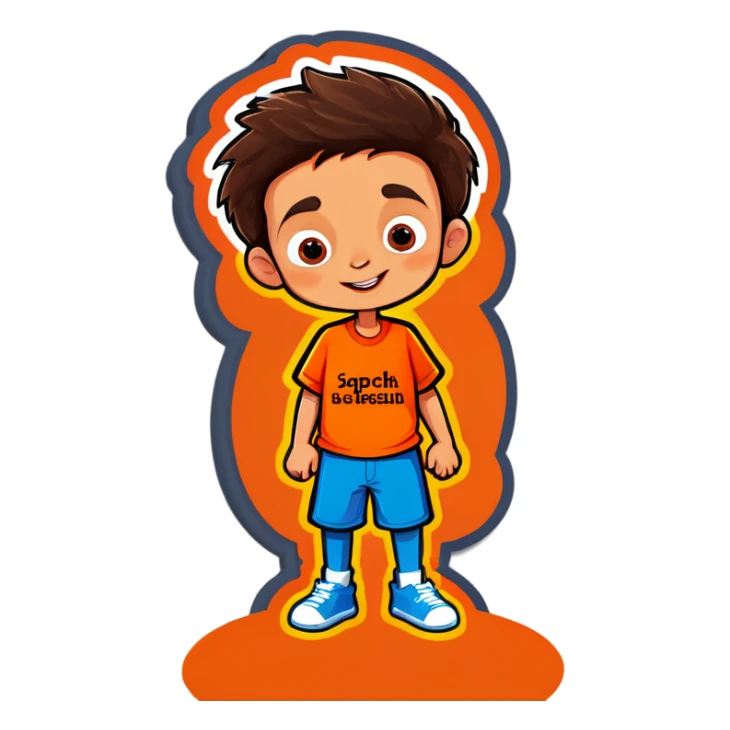 Boy in orange shirt funny with Spanish words sticker