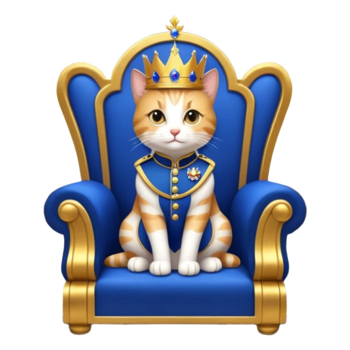 "A regal anthropomorphic cat, dressed in a royal blue and gold military uniform, sitting on a lavish marble throne in a grand, dimly lit palace hall. Cinematic lighting, highly detailed, dramatic, 10 seconds, ultra-realistic."
​ sticker