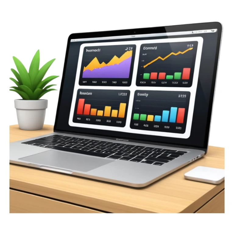 Create a macbook displaying financial charts and black analytics dashboards on the screen. sticker