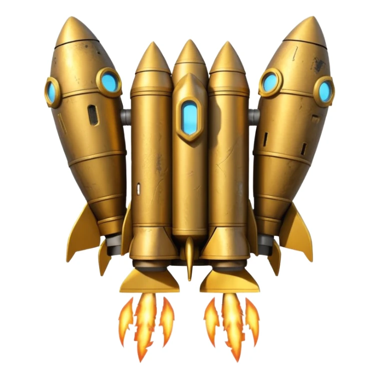 gold ancient wide jetpack with rocket projectiles on both sides, back view, no fire, with worn and weathered look sticker
