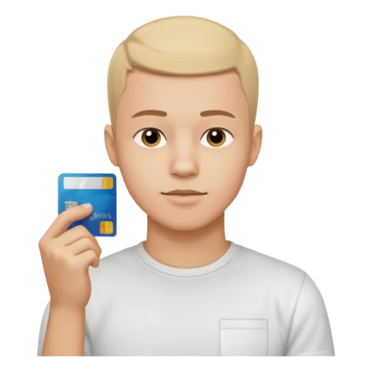 a 25 year old man thinking whit his hand forming an l shape on his chin whit short buzz cut hair whit a white t shirt and holding a credit card in his left hand make shure the card is medium sized so you can see it from a far make shure the caracther is big and a yellow background sticker