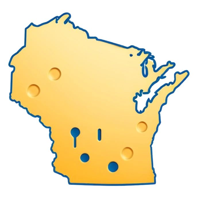 emoji combining Wisconsin state outline, cheese, lakes, with a cheerful, energetic expression, vibrant and friendly style sticker