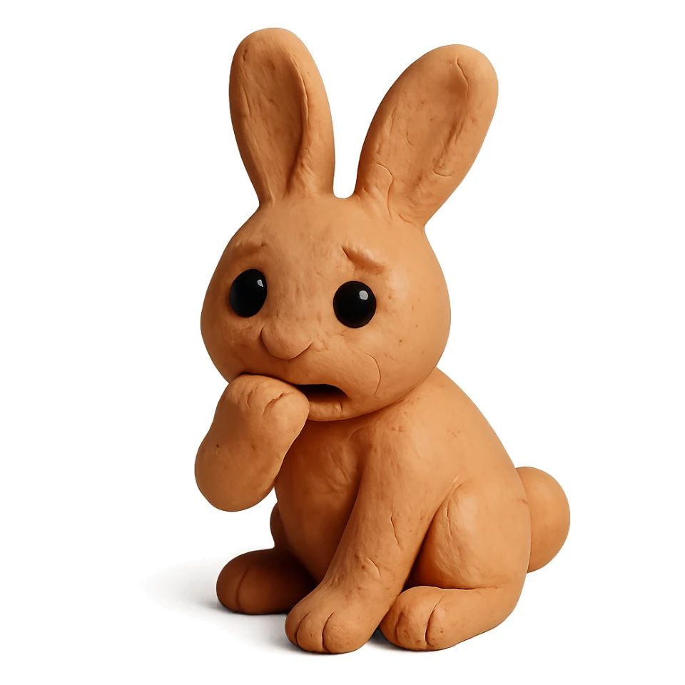 apricot bunny biting paw nervously, claymation style sticker