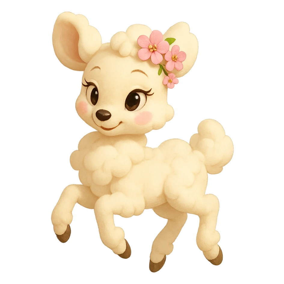 feminine vanilla cloud doe, floating gracefully with rosy cheeks and cherry flowers on its head, Pixar-inspired art sticker
