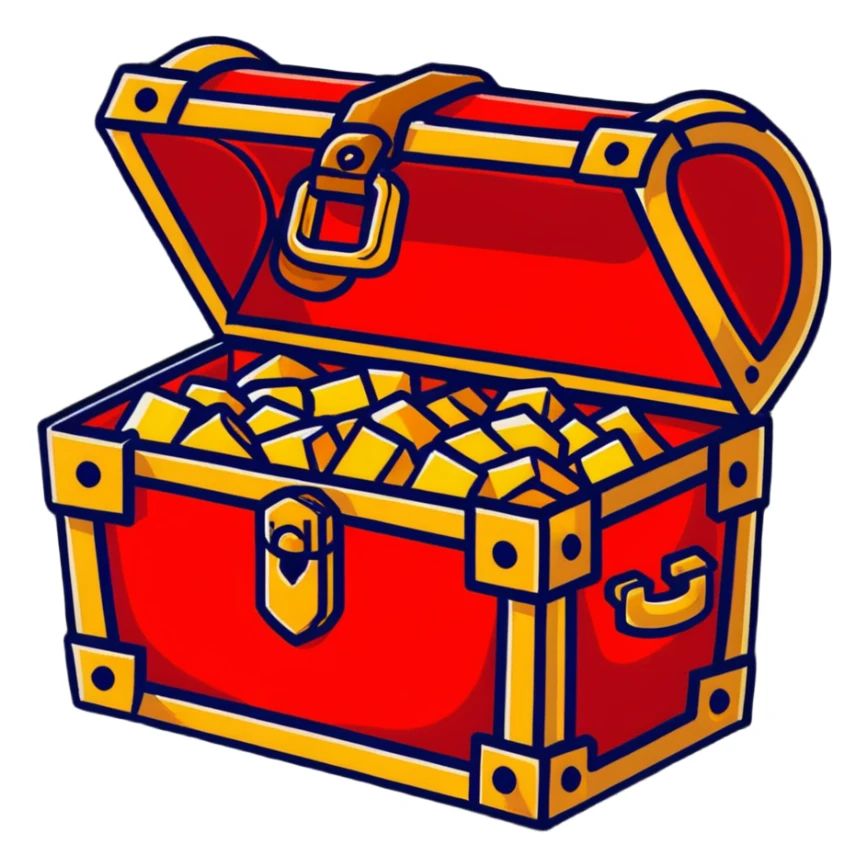 A bright red RPG treasure chest with a golden lock sticker