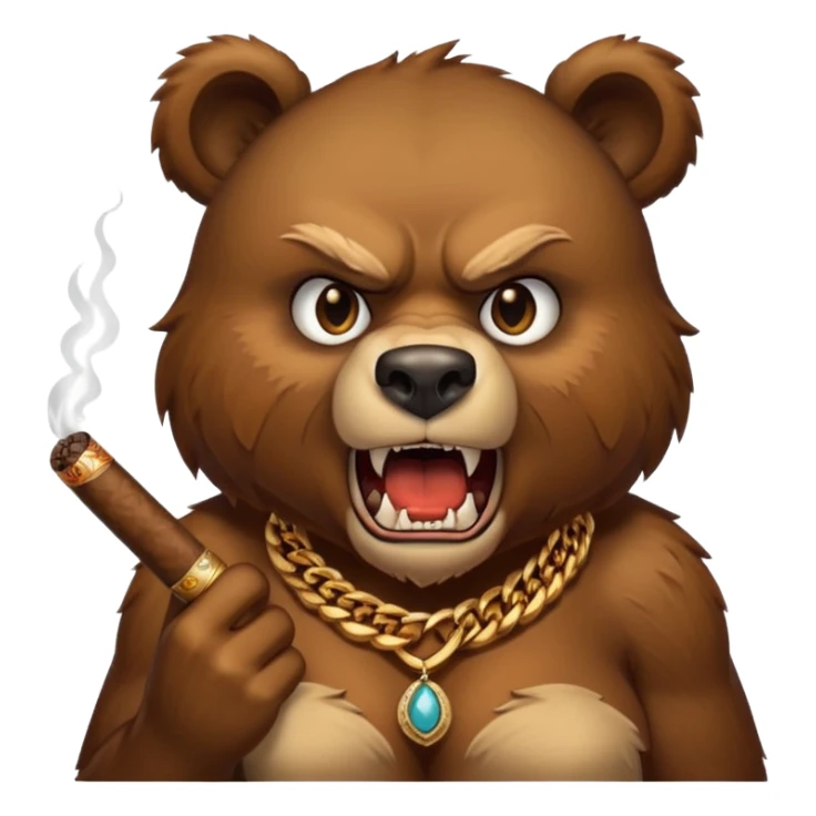 an angry wild bear with sharp teeth, a cigar in her mouth and a necklace around her neck sticker