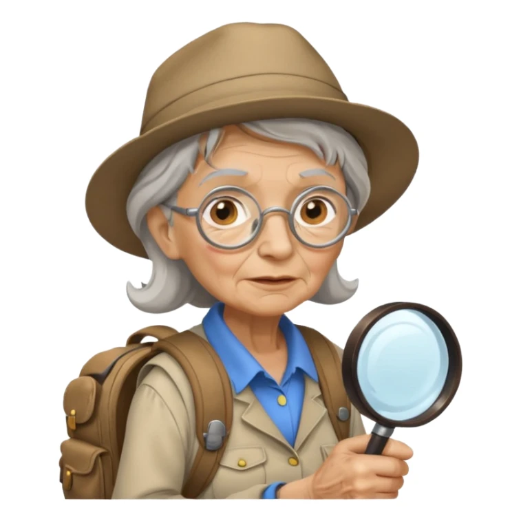 Explorer old woman with backpack and magnifying glass sticker