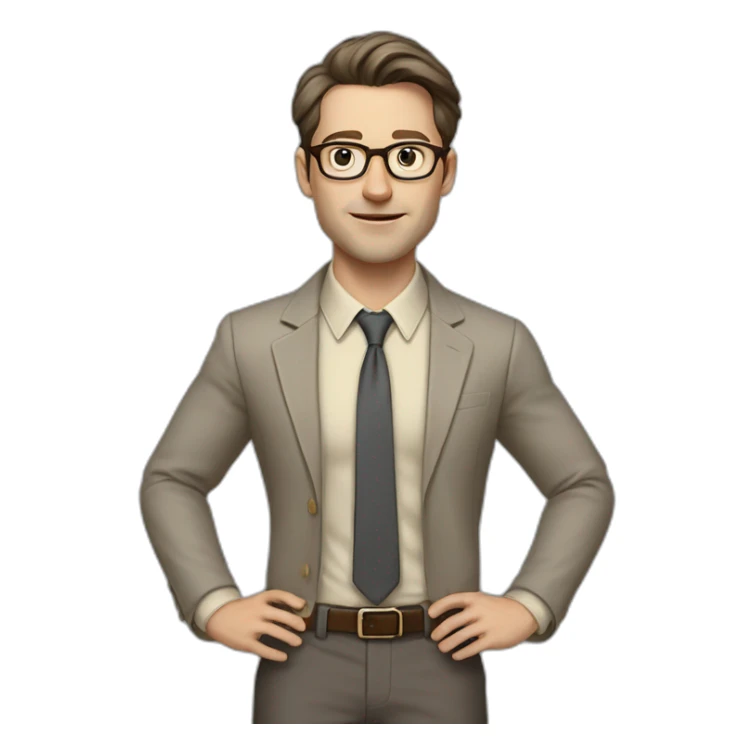 Full height Actively Gesturing Pale skinned fit man with dark brown hair in gray jacket, beige office shirt, brown tie, brown pants and vintage glasses. sticker