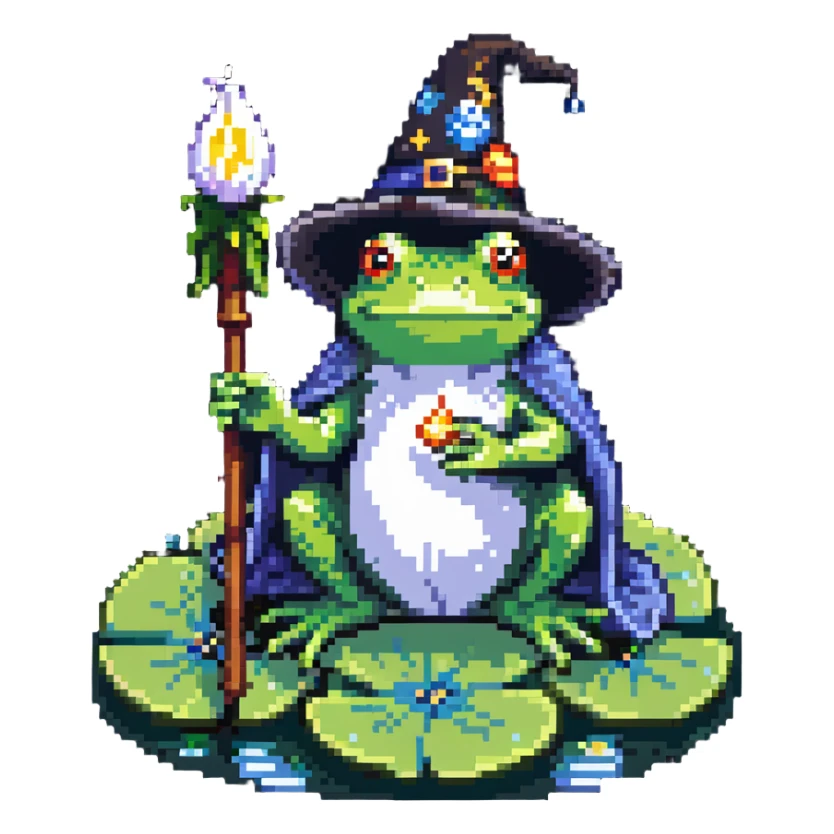 frog wizard sitting on a lily pad in a lake, wearing a wizard hat and holding a magic staff sticker