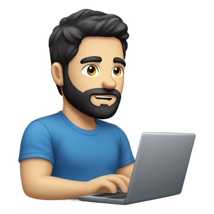white guy with black hair thin face with beard typing in laptop wearing blue t-shirt working in call center sticker