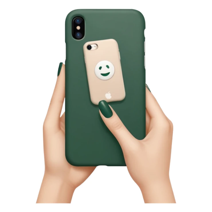 clean white iPhone with dark green case, female hand with nude manicure holding the phone, minimalist design, emoji style sticker