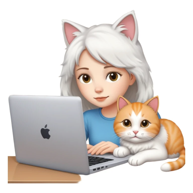 A girl is working on a laptop with a cat lying next to it sticker