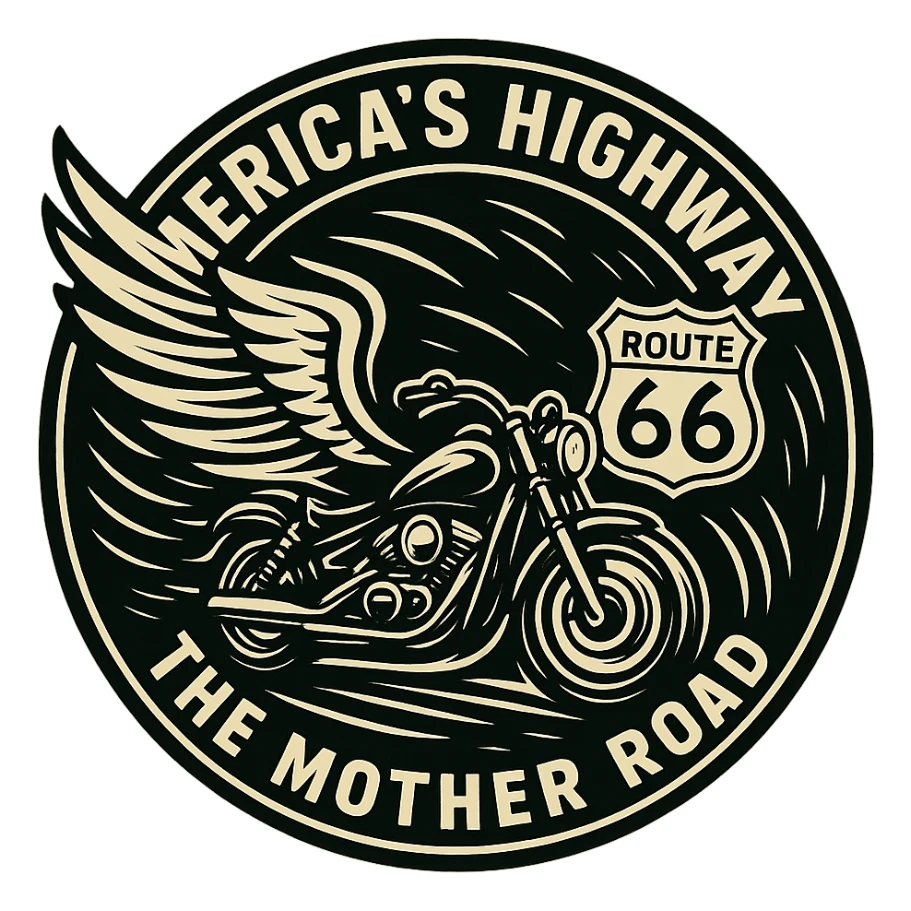 circular design for motorcycle cap, transparent background, text 'AMERICA'S HIGHWAY - ROUTE 66 - THE MOTHER ROAD', motif: wing, motorcycle, Route 66 sign, dynamic style sticker