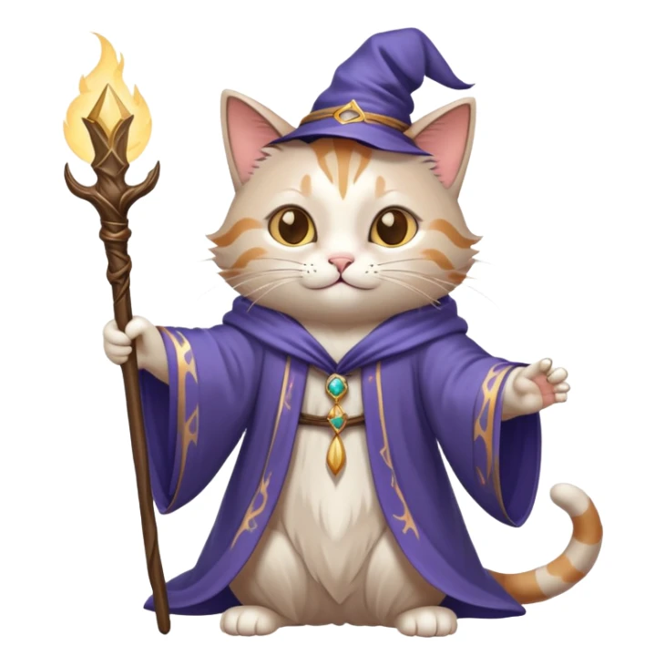 A cat wizard casting a spell with magical staff and flowing robes sticker