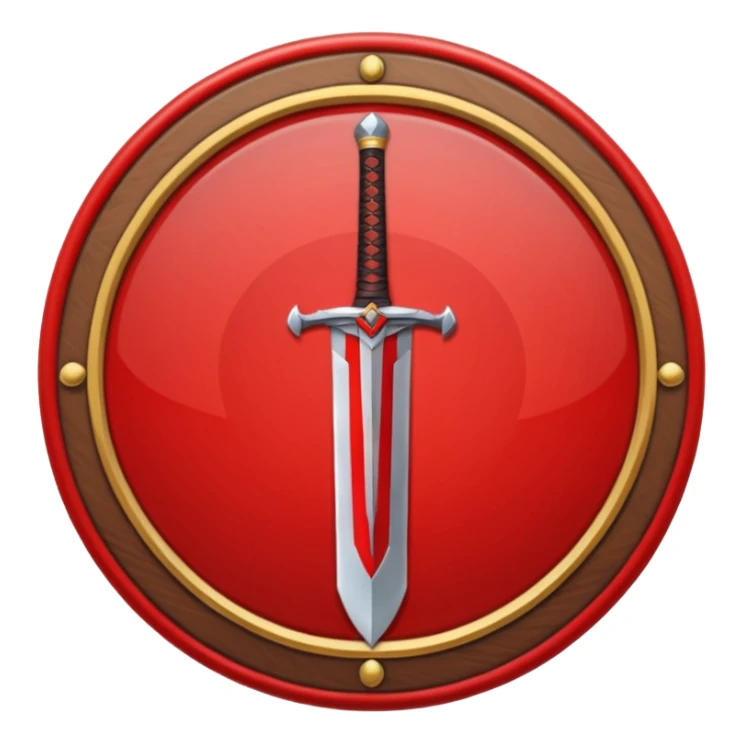 Make an mmo rpg red sword class icon inside of a round emblem in anime style sticker