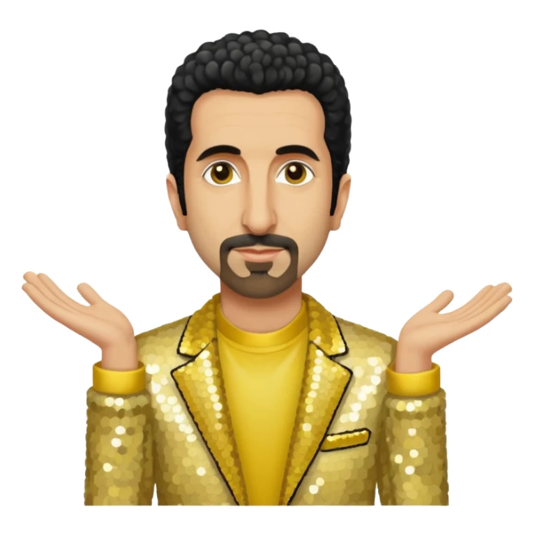 Serj Tankian with ivory sequin jacket, yellow shirt sticker