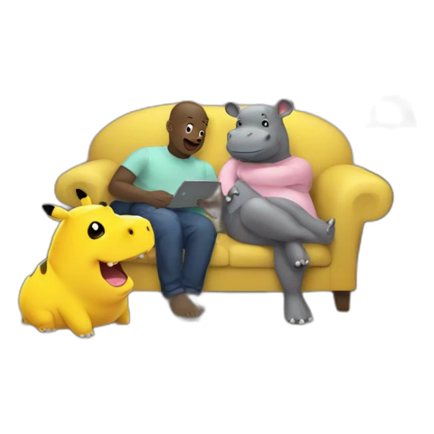 hippo and pikachu watching TV in sofa sticker