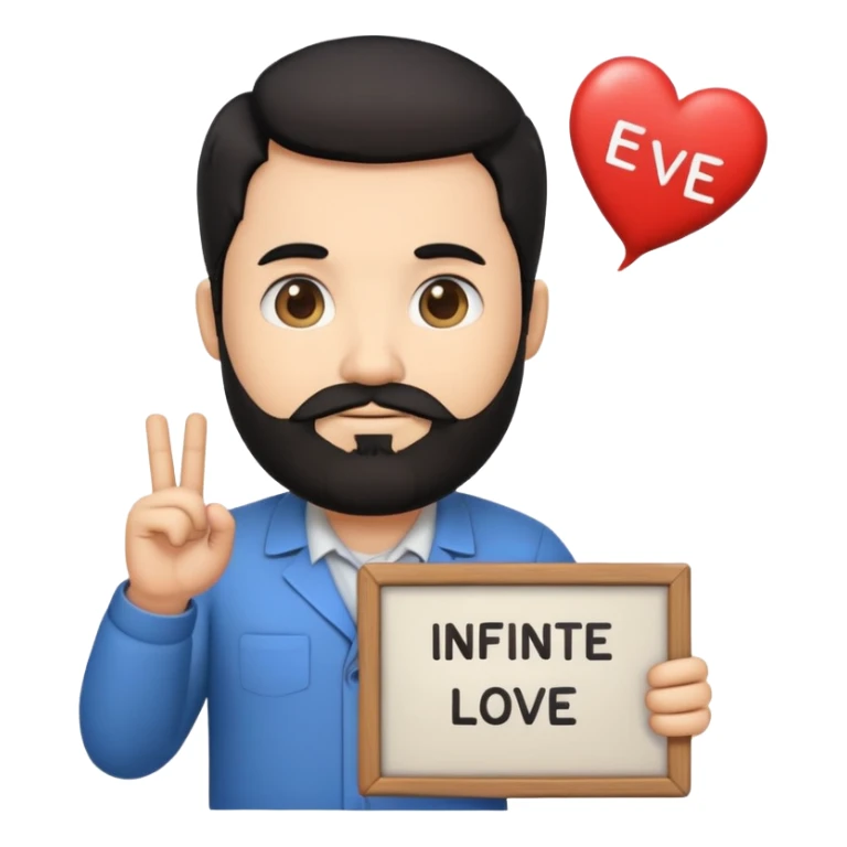 emoji de professor de matemática com barba, gordinho, cabelo preto e uma placa escrito "amor infinito" sticker