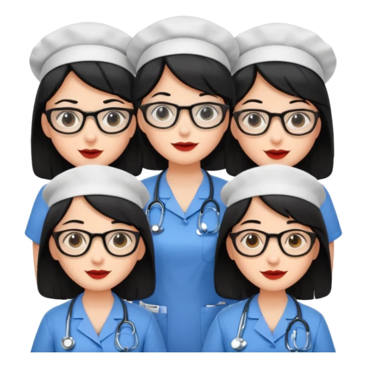 Genera un emogis con cuatro enfermeras pelinegra juntas, entre ellas una con lentes y otra con lunar encima del labio sticker