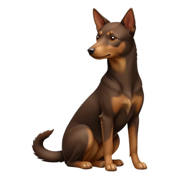 cinematic-[australian kelpie]-realistic-full-body-sitting-emoji,-tail-resting-loosely-beside-its-paws,-head-tilted-dramatically, -sleek-[Brown and tan]-fur,-simplified-yet-realistic-focused-features,-highly-detailed,-glowing-with-an-almost-sarcastic-glow sticker