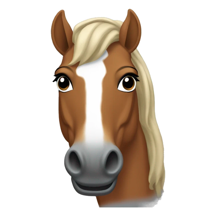 A chestnut horse with black mane on buck teeth, wearing a grey t-shirt sticker