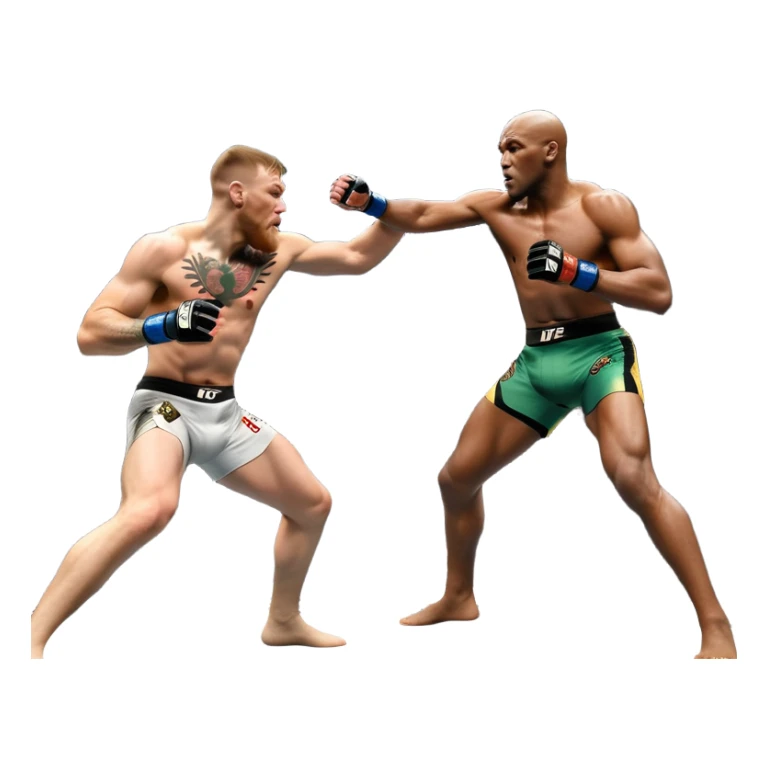 An MMA showdown between Conor McGregor and Anderson Silva in the octagon. McGregor is executing a powerful jumping strike, while Silva is expertly blocking the attack with his forearm. The background features the UFC octagon, fans in the distance, and dynamic action. Transparent background sticker