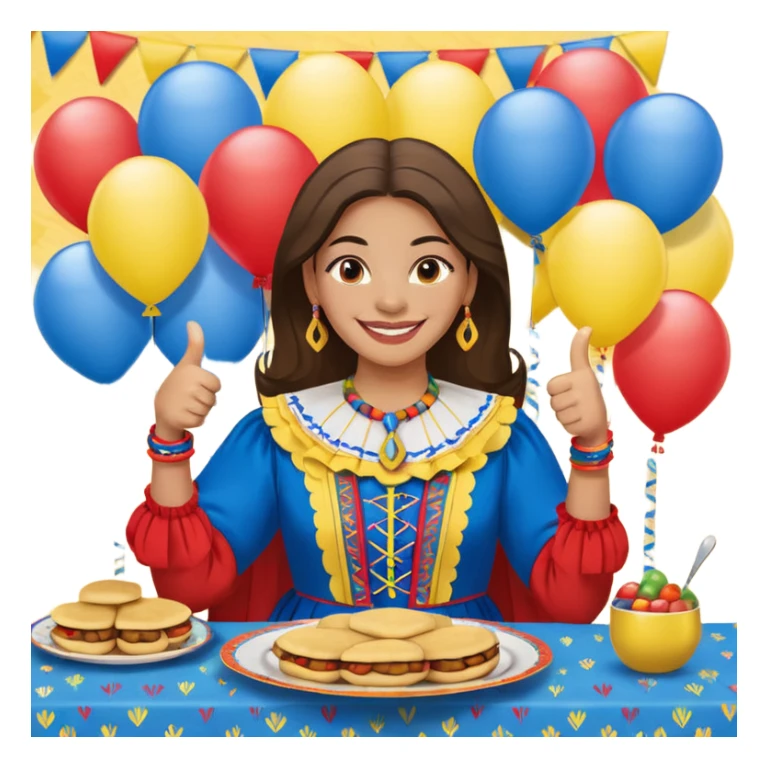 party table decorated with red blue and yellow colors, including backdrops, balloons, streamers and more, on the table are intricate displays of colombian arepas, and in the forefront a woman in traditional colombian dress with a smile and big thumbs up sticker