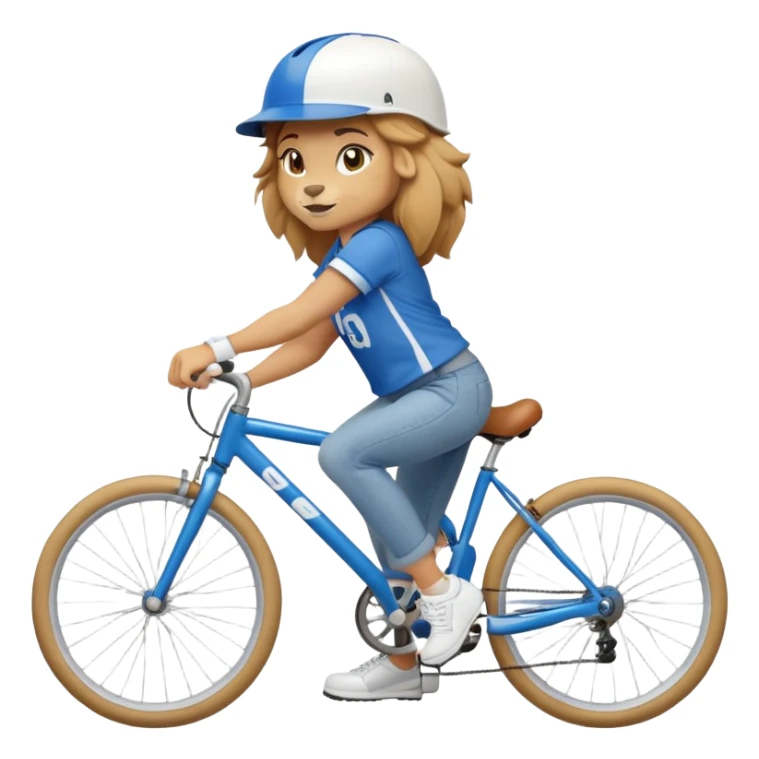 friendly anthropomorphised female lion wearing a baseball shirt, jeans, trainers, and a cycling helmet, cycling a bike sticker