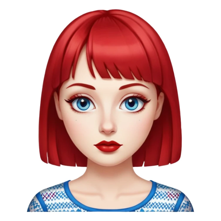 Creative woman with fair skin, oval face, striking blue eyes with eyeliner, thin eyebrows, small nose, medium lips with bright lipstick, dark red hair with straight bangs, wearing a red and white printed top, artistic expression sticker