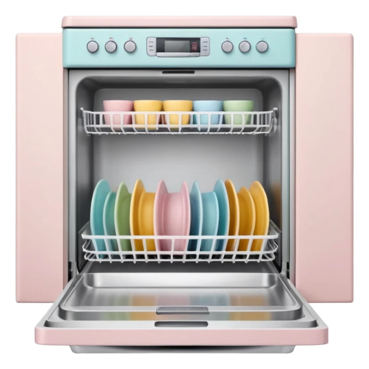 claymation style dishwasher with open door and clean dishes inside, pastel colors, visible fingerprints, soft matte finish sticker