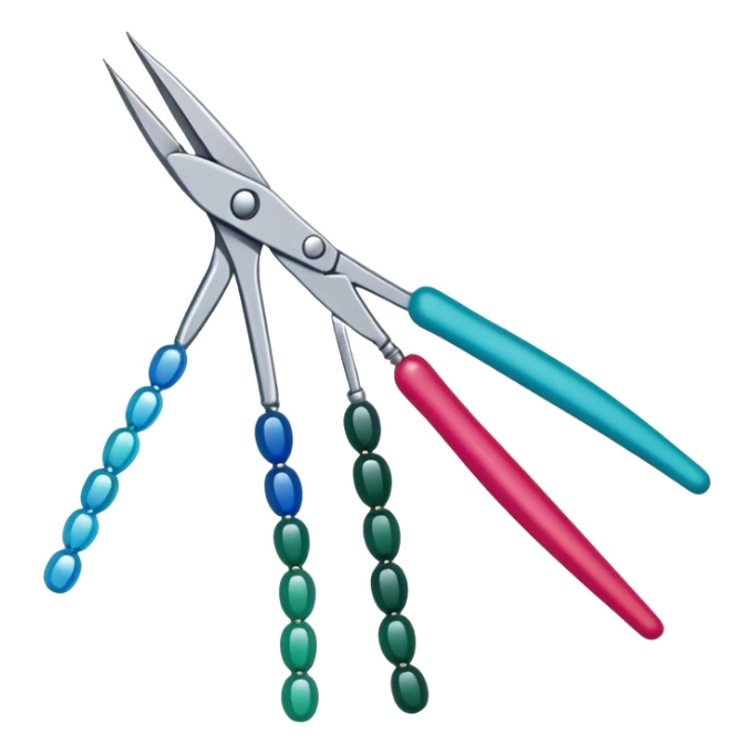 Beading icon, intricate beaded jewelry or decorative item in progress, visible beads, thread, and needle, tools like pliers and scissors, minimalistic style, clean lines, transparent background. sticker