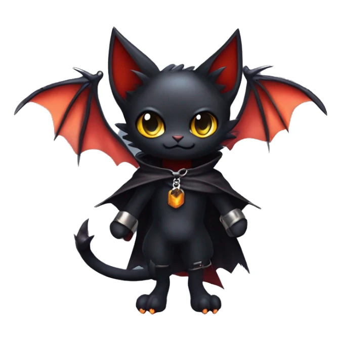 Cute edgy cool beautiful realistic vampiric dark eldritch fantasy Litten-Fakémon-Digimon with bat-wings as ears full body, cloak, choker collar, harness, leg straps sticker